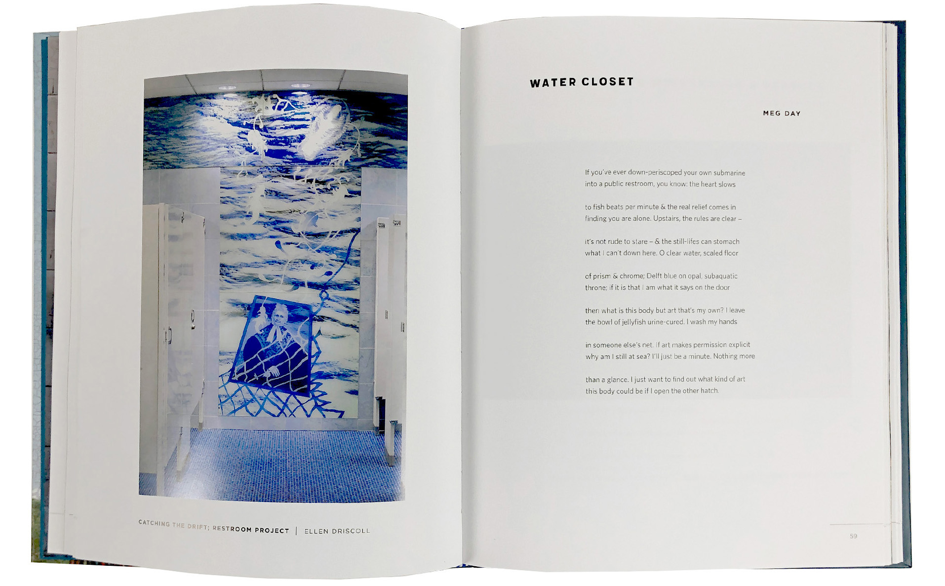 Image of SCMA women's artist-designed restroom inside the pages of a book