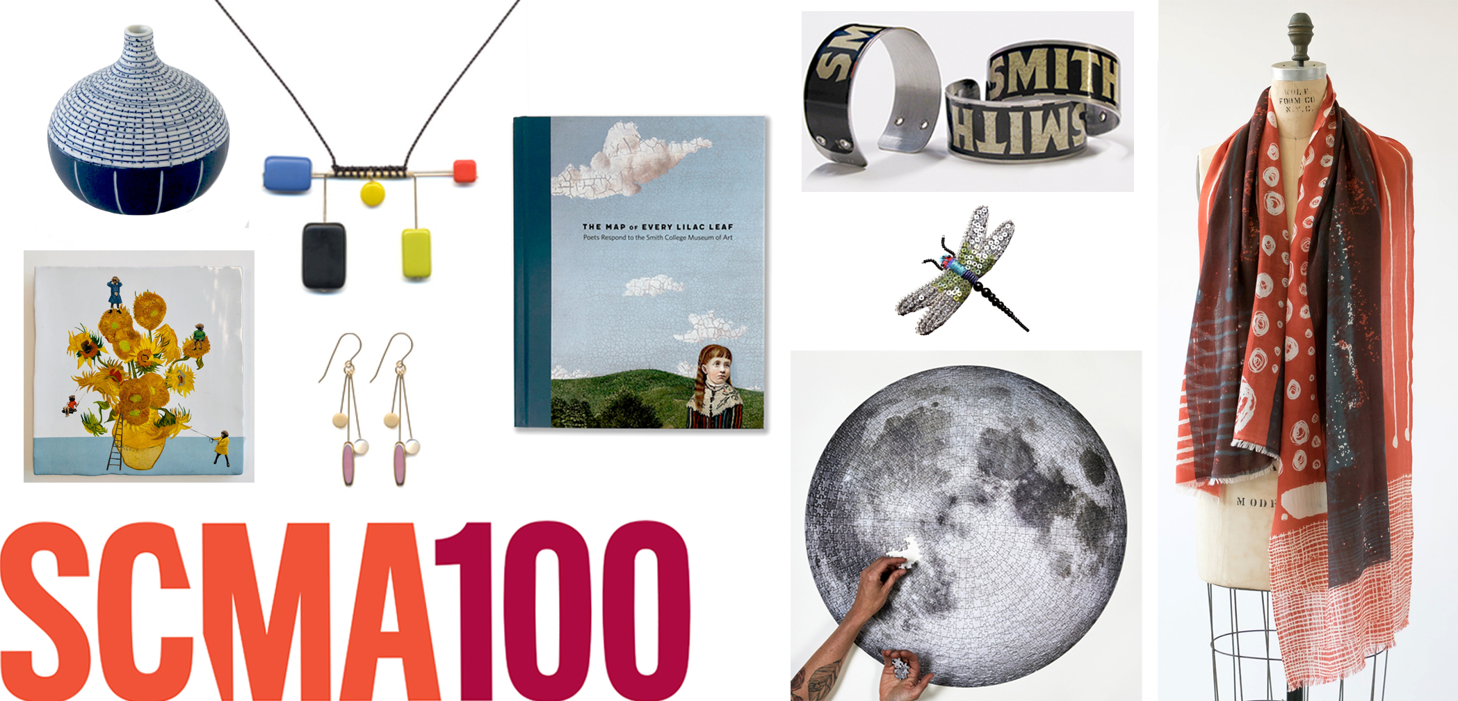 SCMA100 logo with shop products for sale including a necklace, a vase, a book and a puzzle of the world and scarves