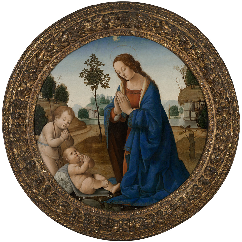 Circular painting of a woman praying next to two children. 