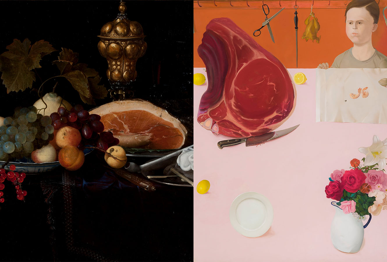 Still life painting of fruits and meat. Painting of young woman and large steak.
