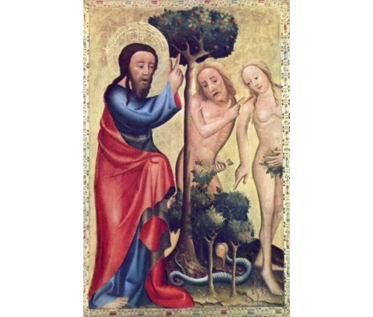 A tall tree with red fruit grow between a man dressed in blue and red robes with a halo and a blond, nude man and woman covering their crotches with leaves. At their feet is a snake with the head of the woman.