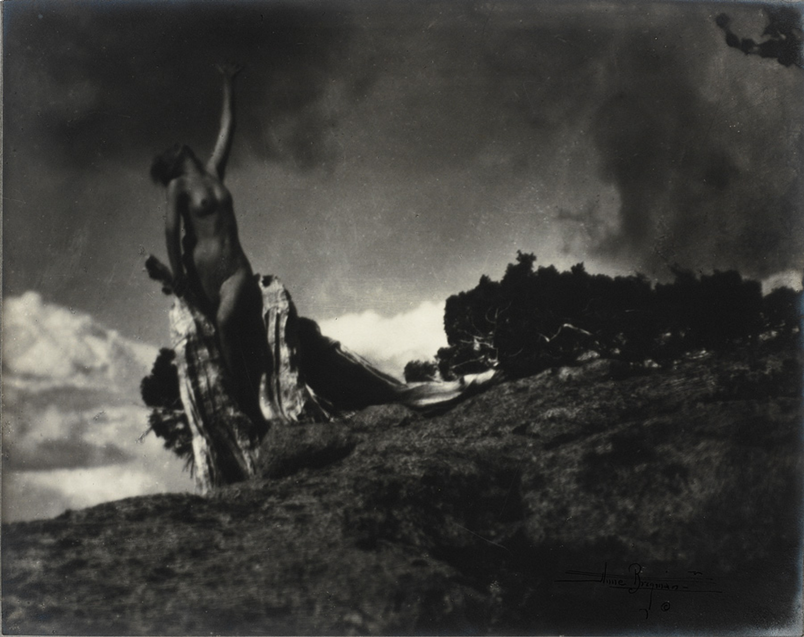 Dark, cloudy sky, irregular ground with small scrubby trees across right center to right edge image, weathered tree trunk mid left with nude woman, head back, proper left arm reaching for the sky.