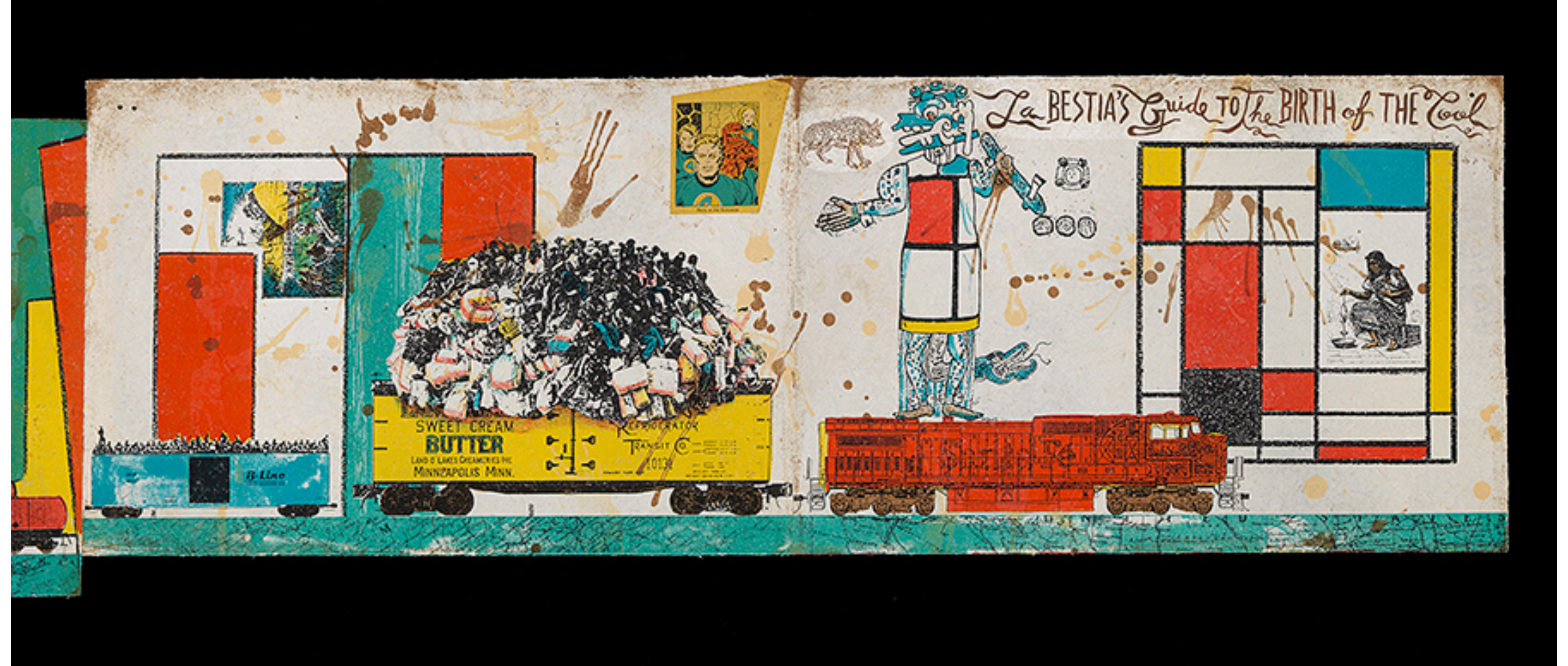 Right-most panel of the work: a small, baby-blue freight car, a larger sunshine-yellow freight car which reads “sweet cream butter, Land o’ Lakes Creameries, Inc., Minneapolis Minn.,” carrying a colorful heap of cargo, and a long red steam engine run at the bottom of the print on a sliver of a sea-blue map. The background is a collage of recognizable fragments of mid-century American popular culture, a pre-Columbian figure, and some Mondrian paintings.