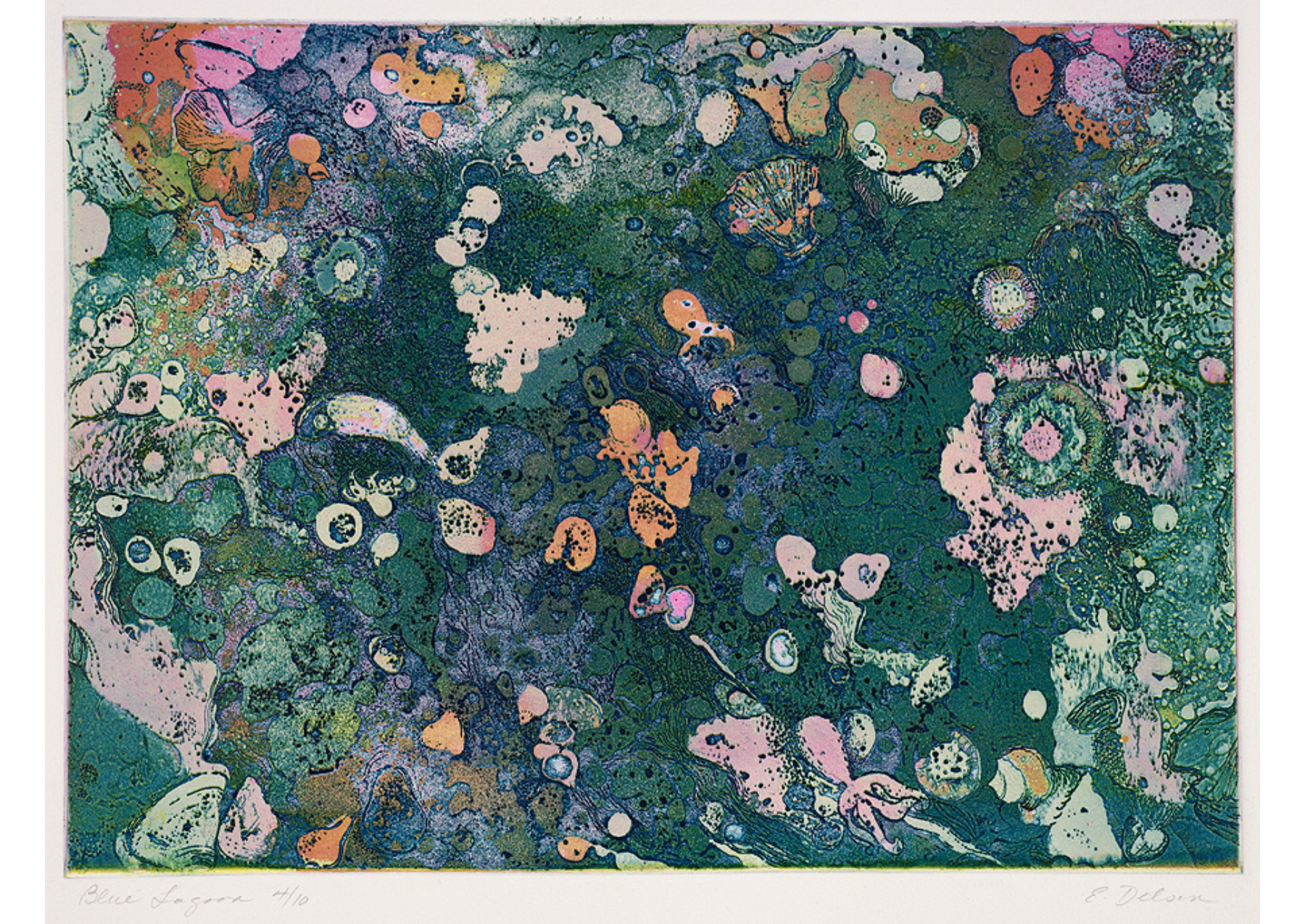 Abstract, textured green surface with white, pink, and orange blooms of color.