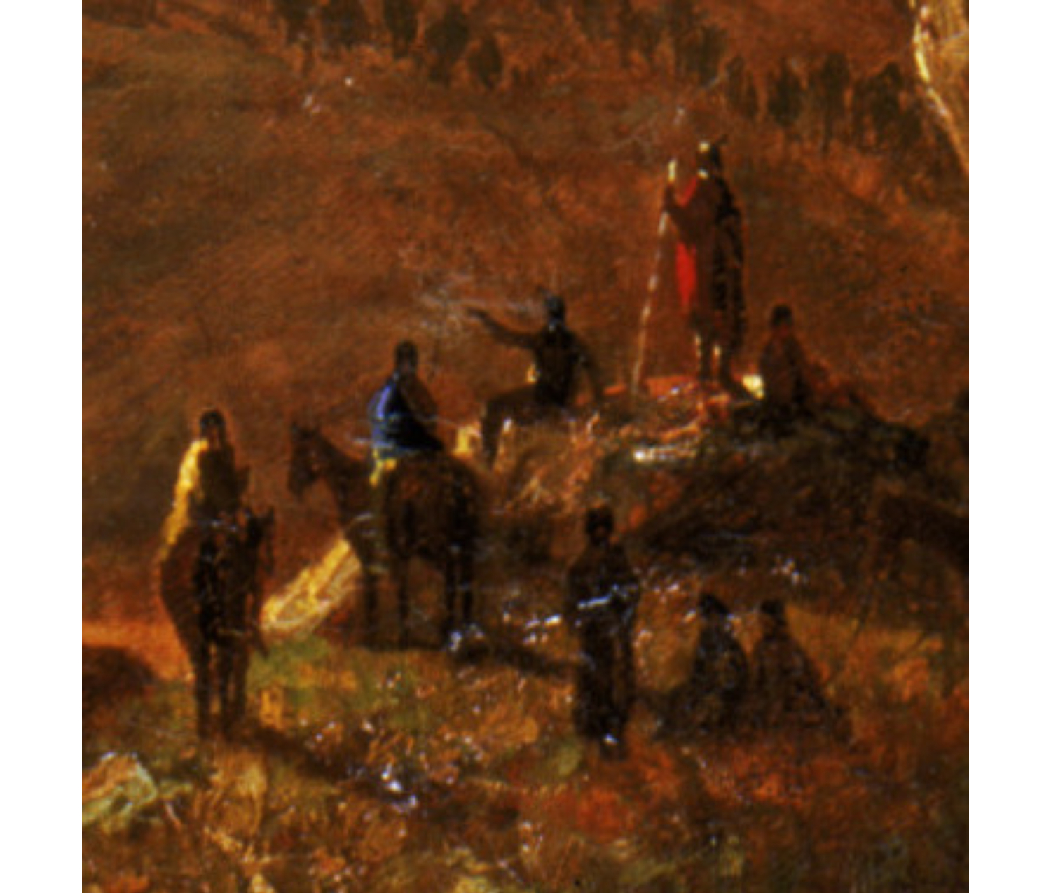 Detail: a collection of eight people, most standing on a small hill, two on horseback, a few are seated. They observe and point to others in the distance.