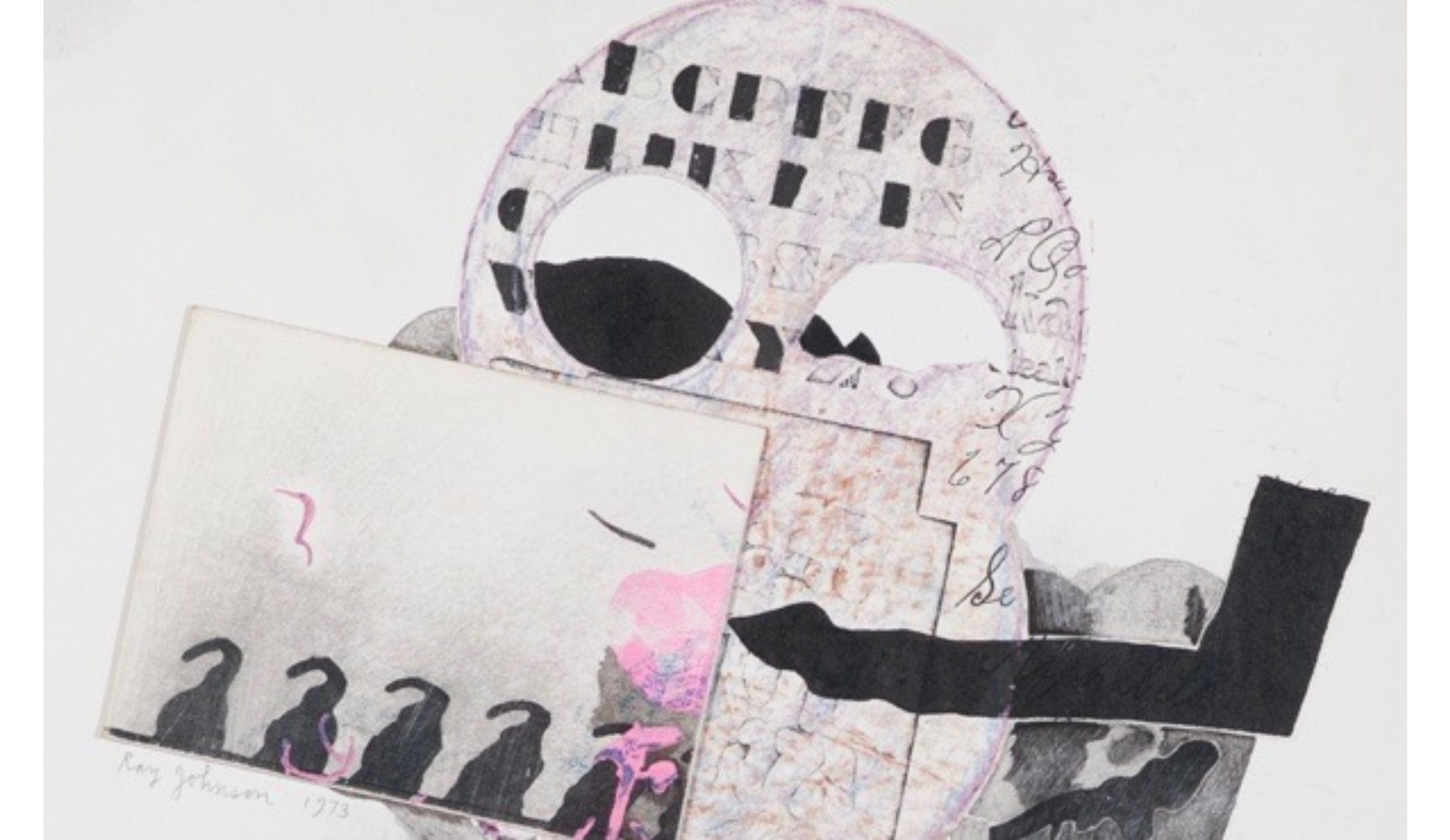 Detail of ‘The Pink Collage’: pink and gray; two overlapping rectangles in front of a circle printed with font samplers.