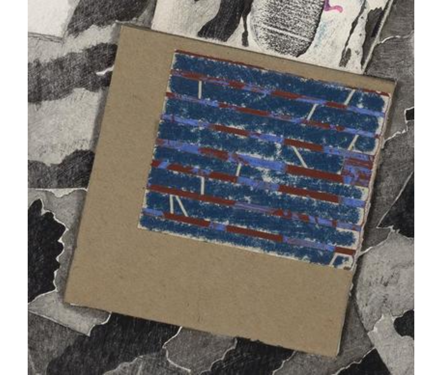 Detail of ‘The Pink Collage’: crooked brown square on mottled gray background. A striped blue square sits in the corner of the brown square.