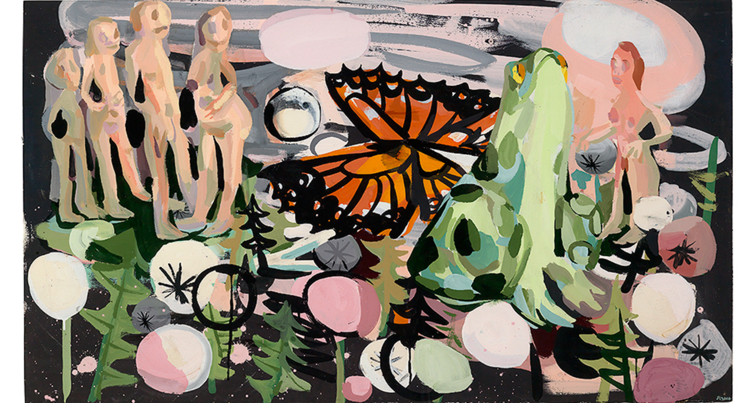 Fanciful garden with large round fruit in pinks, whites and greens with green leaves, large green frog seated to right of large butterfly in oranges and black, group of four nude figures at upper left and one at right.