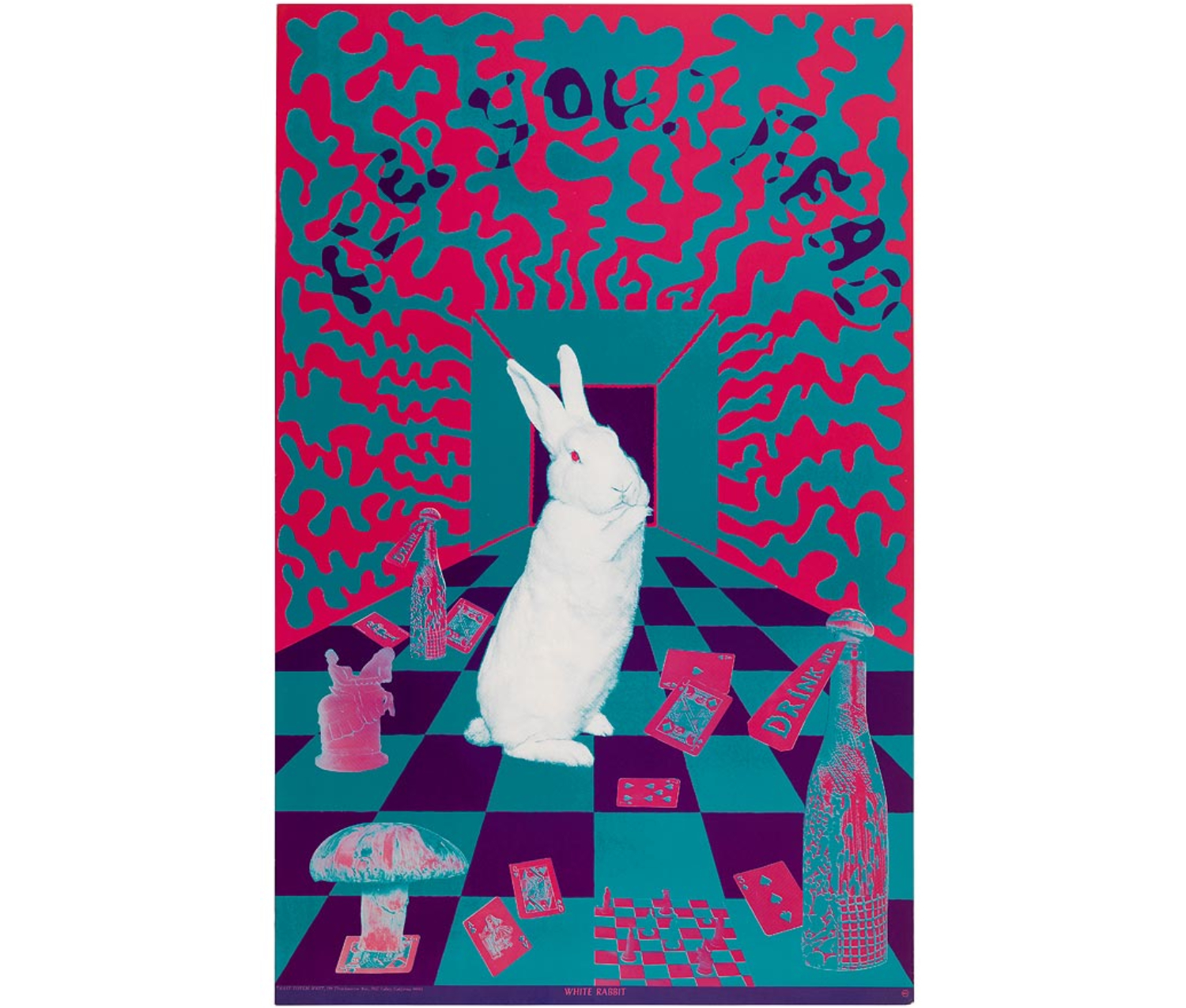 Pink, white, blue and purple; large checked floor receding into a doorway with scattered playing cards, mushroom in lower left, bottle in lower right with DRINK ME on label, chessman at mid left and another bottle with DRINK ME on its label, white rabbit in center sitting up with pink eye, the wall around the doorway is made up of camouflage squiggles in pink and blue with KEEP YOUR HEAD in purple appearing through the pattern.