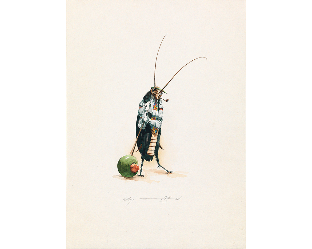 Cockroach dressed in a shirt, jacket and tie holding a toothpick stuck in a green olive to his right.