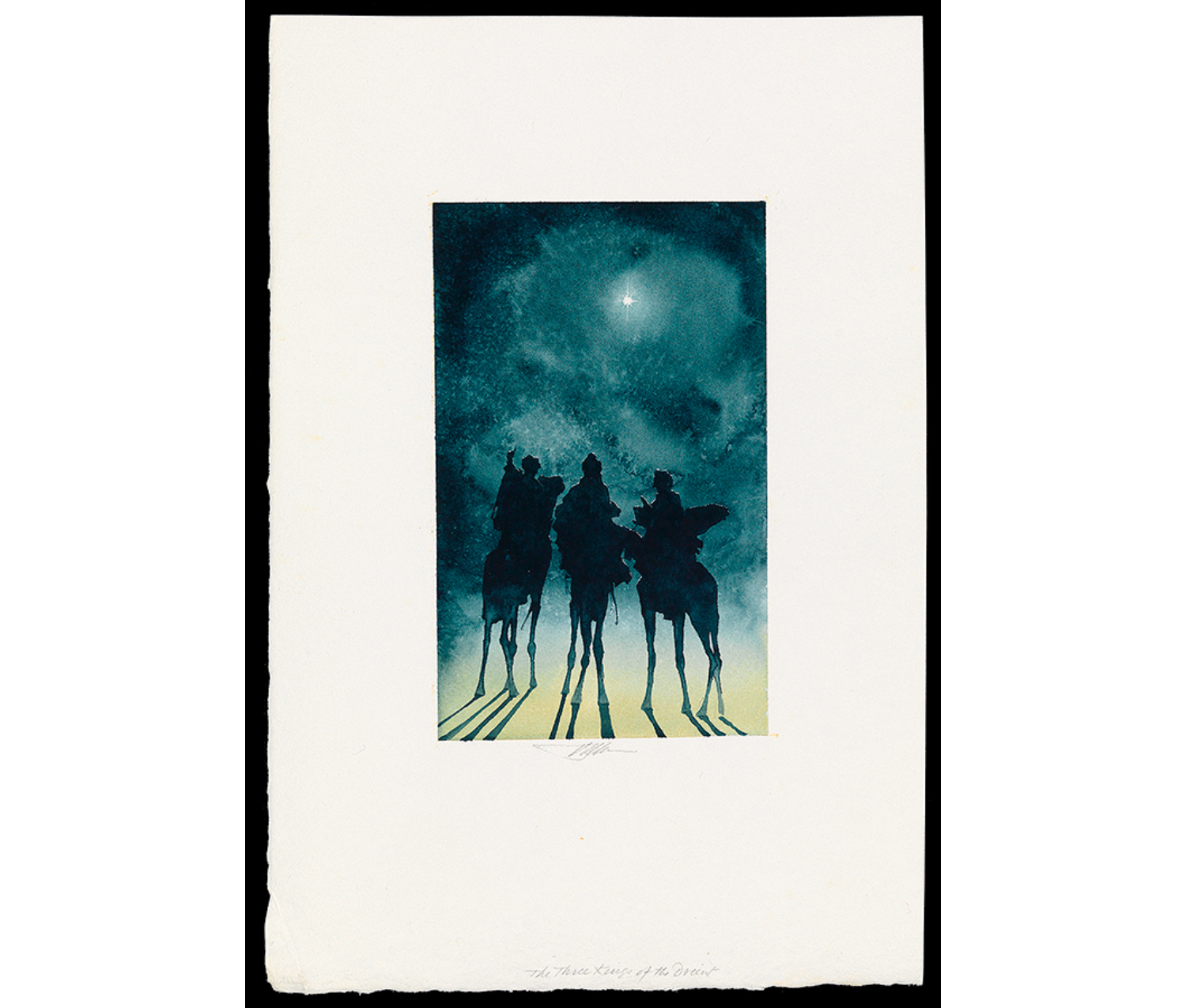 Watercolor of three figures on horseback, looking up at the night sky and the North Star. Figures are black against a dark blue sky and yellow ground.