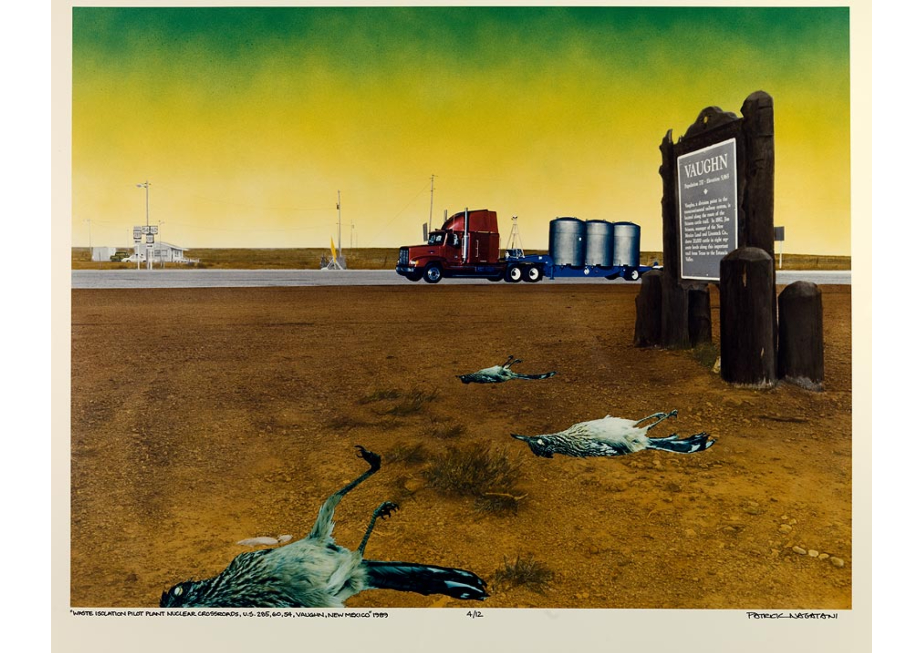 Exterior, large, empty, flat dirt landscape with yellow and green sky, three dead birds overlaid on foreground, sign for Vaughn at right, road in mid-distance with truck carrying nuclear waste, road signs and small building a mid left.