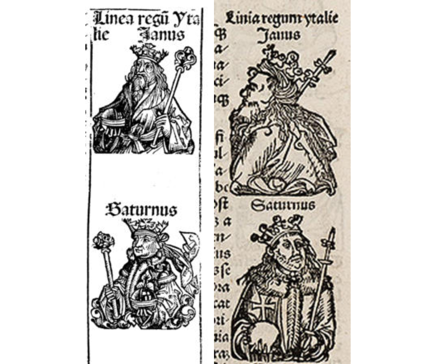 Two side by side images of illustrations of kings Janus and Saturnu with Latin headings.