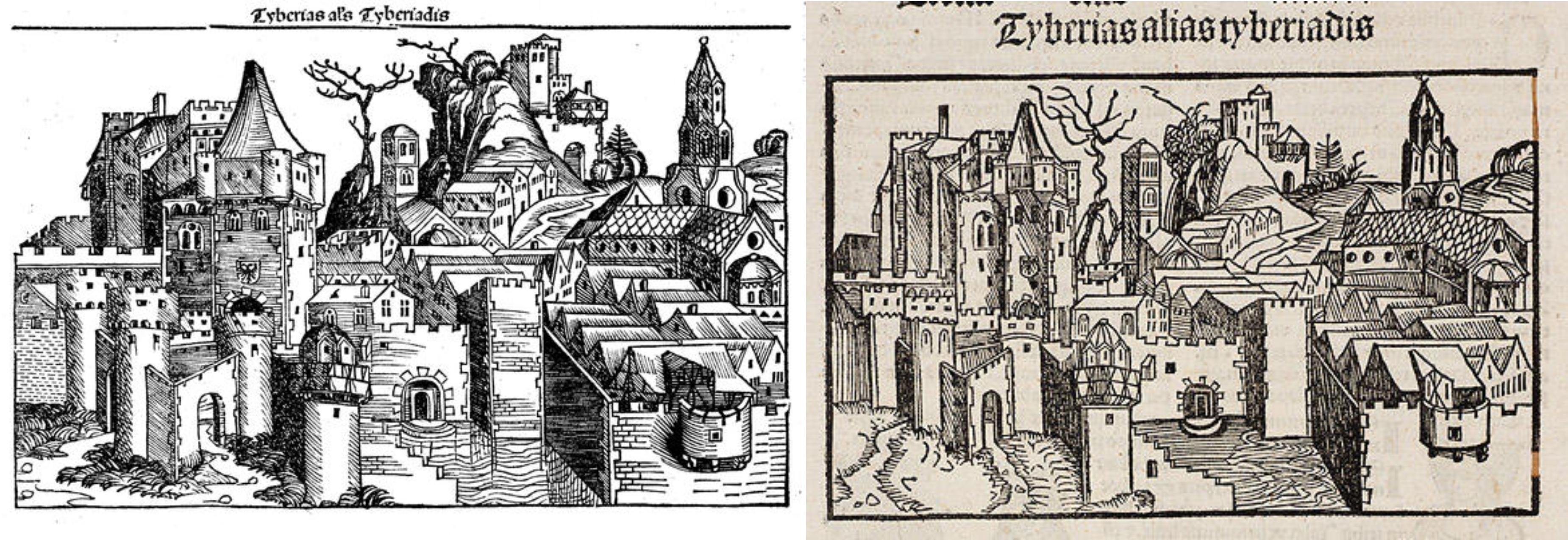 Two side by side images of illustrations of castles with Latin headings.