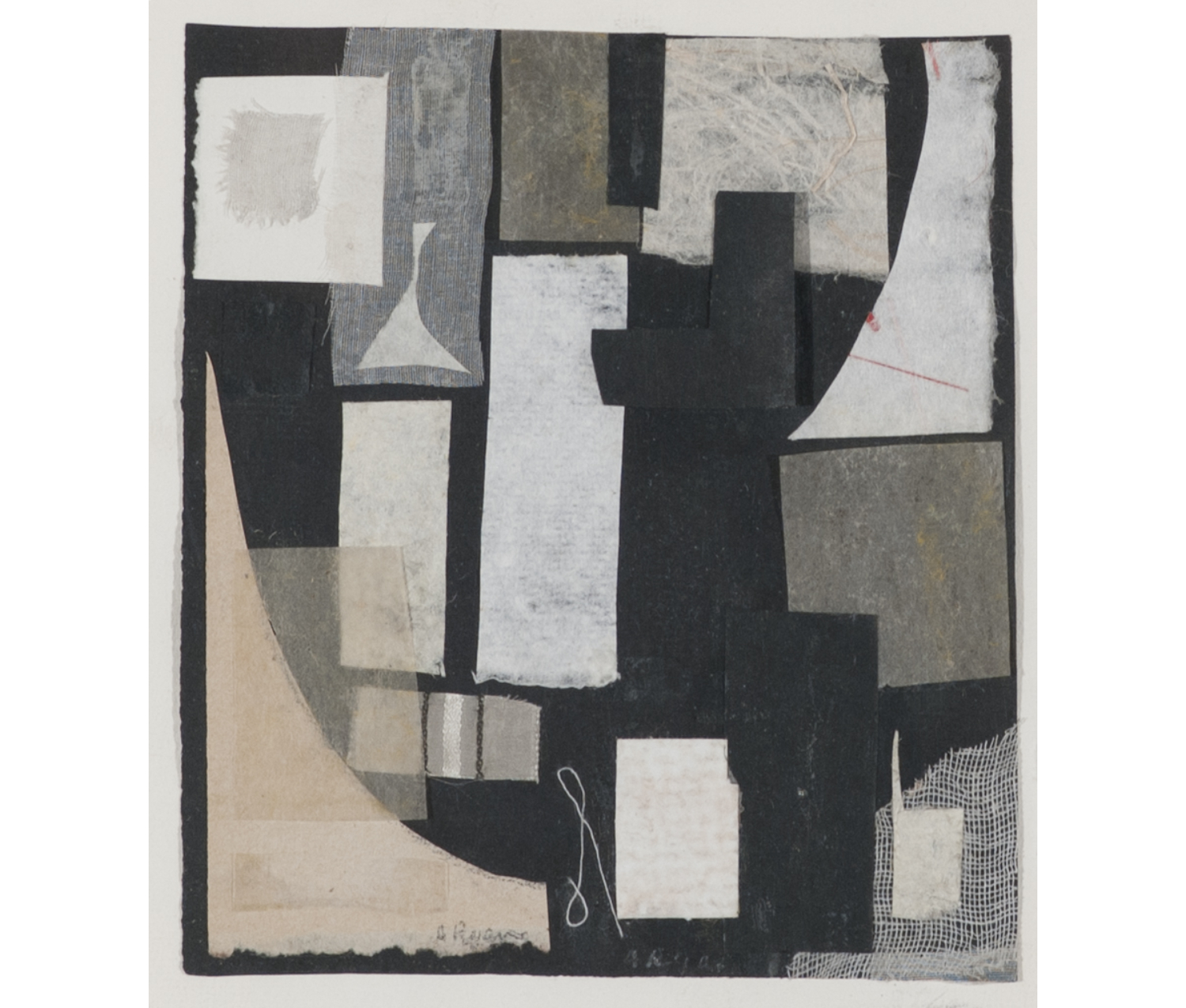 A rectangular collage of overlapping scraps of fabric and paper in black, white, grays, and beiges. The background is black.