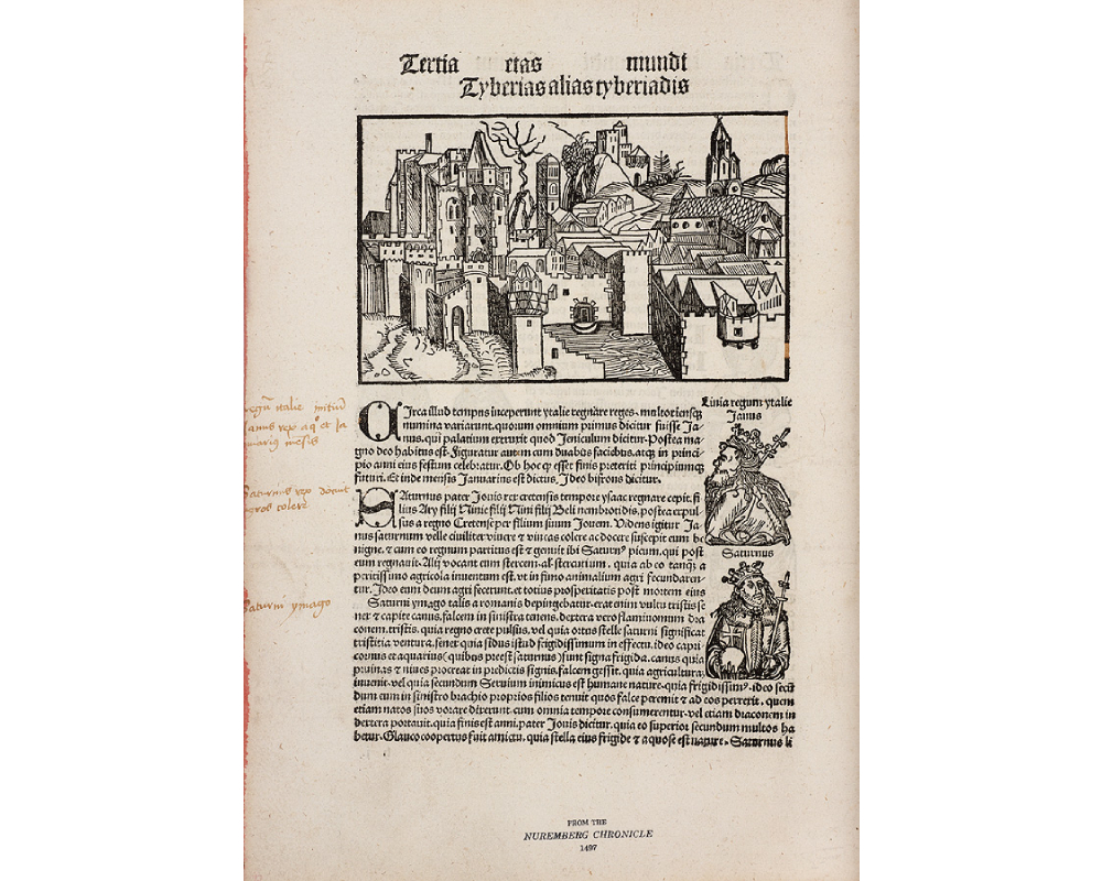 Verso page of a book: header image of a castle; Latin text with in-text images of two royal figures. Some notes in red ink are written in the margins.