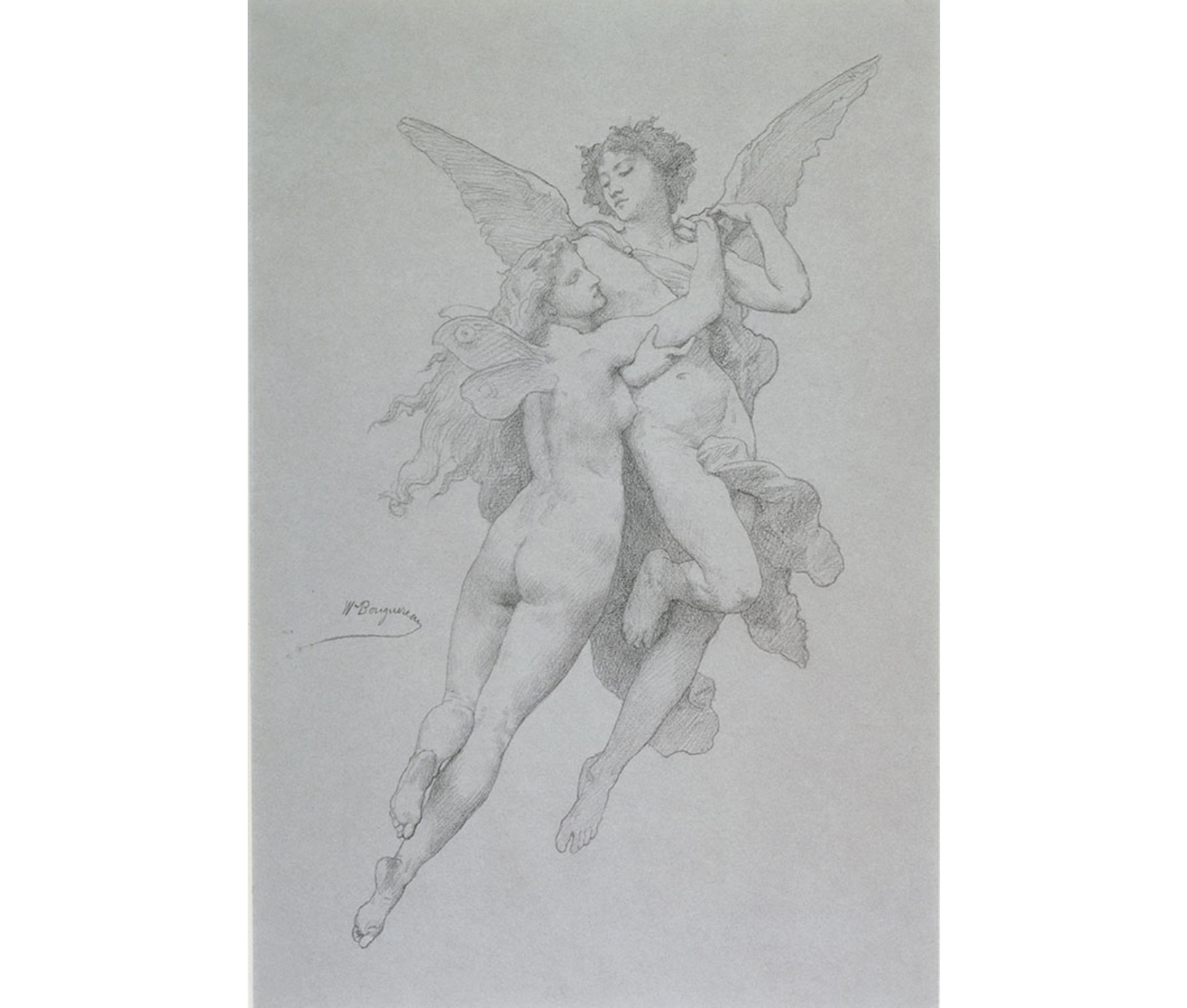 Winged, nude woman clinging to a winged, nude boy; both flying upward.