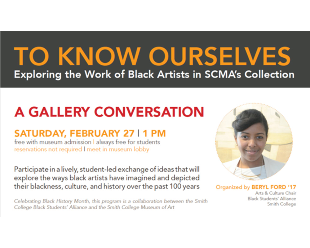 a flyer advertising a gallery conversation on Saturday, February 27, 2016 at 1 pm, led by Beryl Ford '17