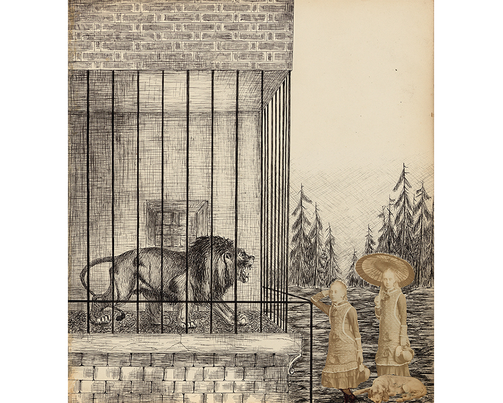 pen drawing of a lion in a cage, trees in the distance; collaged images of two girls holding hats, one with a parasol, dog sitting at her feet