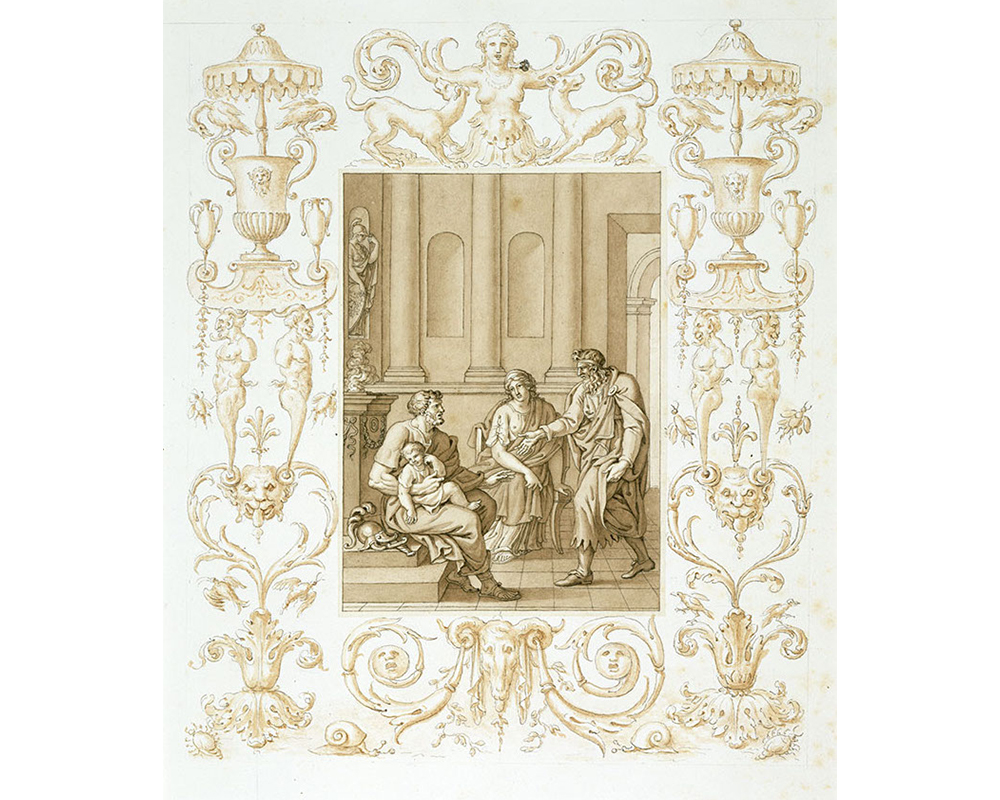 central image of interior of large stone buildings with seated man holding an infant, seated child and standing man gesturing toward the seated man, framed with scrolls and grotesque borders
