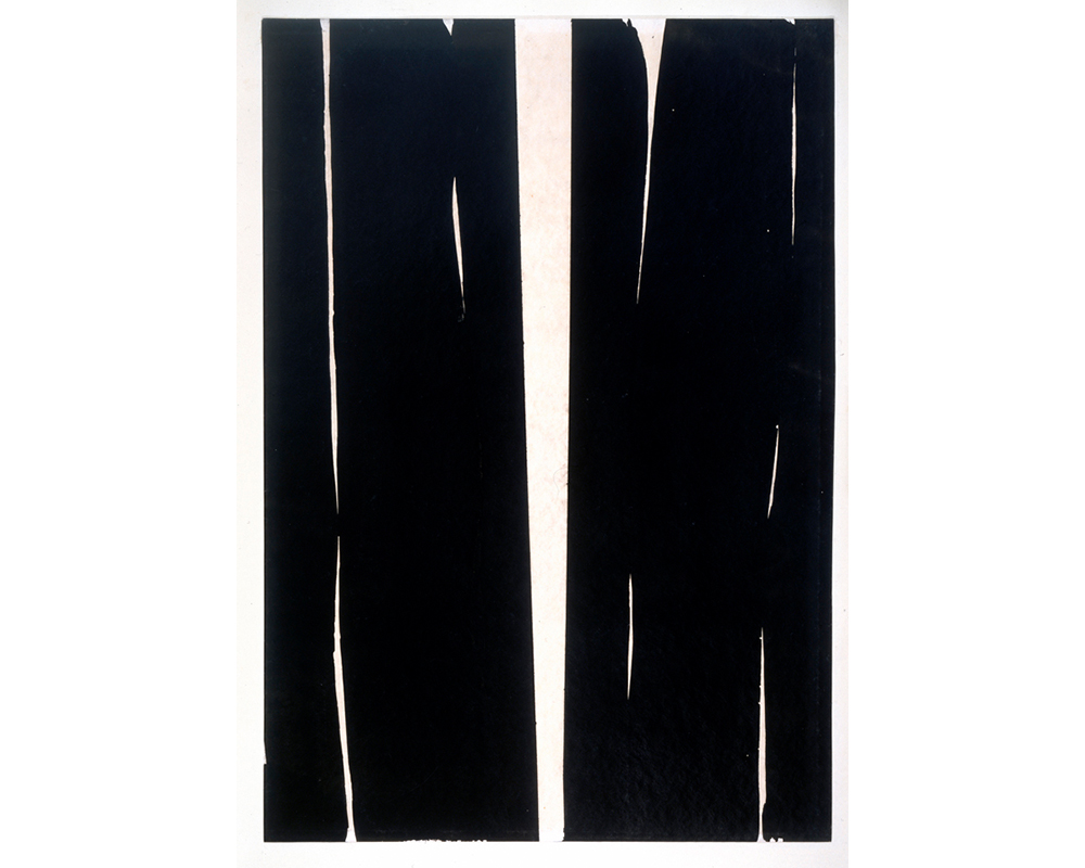 two wide incomplete vertical black bands with narrow white band of unpainted paper in center