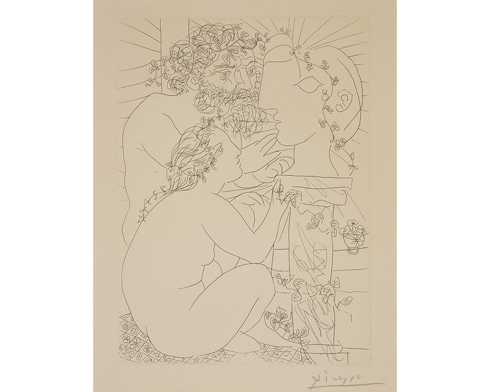 nude woman on left right profile with a string of flowers in her hair seated on tiled floor, legs crossed, face tilted upward toward an abstract sculpted female head on a pedestal in profile; nude man with beard on left , his face close to the sculpted head, his right hand touching the chin of the sculpture; a garland of leaves also winds around the pedestal and sculpted head
