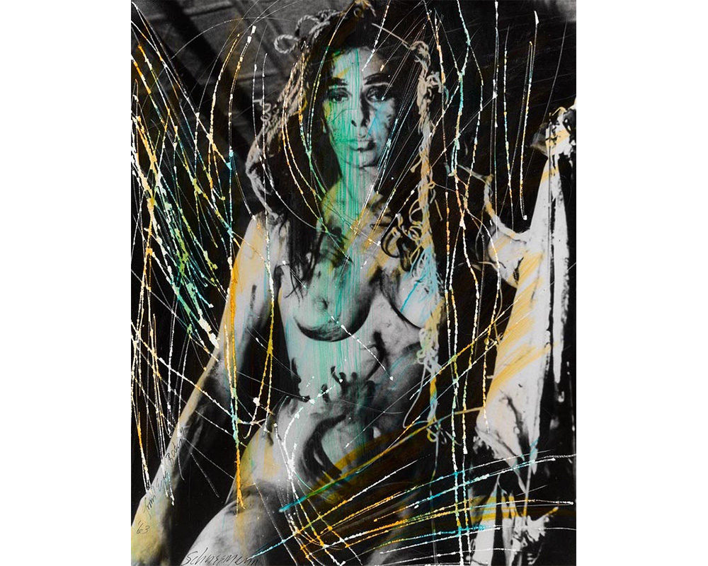 nude young woman with a serious expression and painted marks over body seated and one arm by her side and other bent with flag-like object on her proper left, and yarn over her head, scratched over image painted over in yellow, aqua and green
