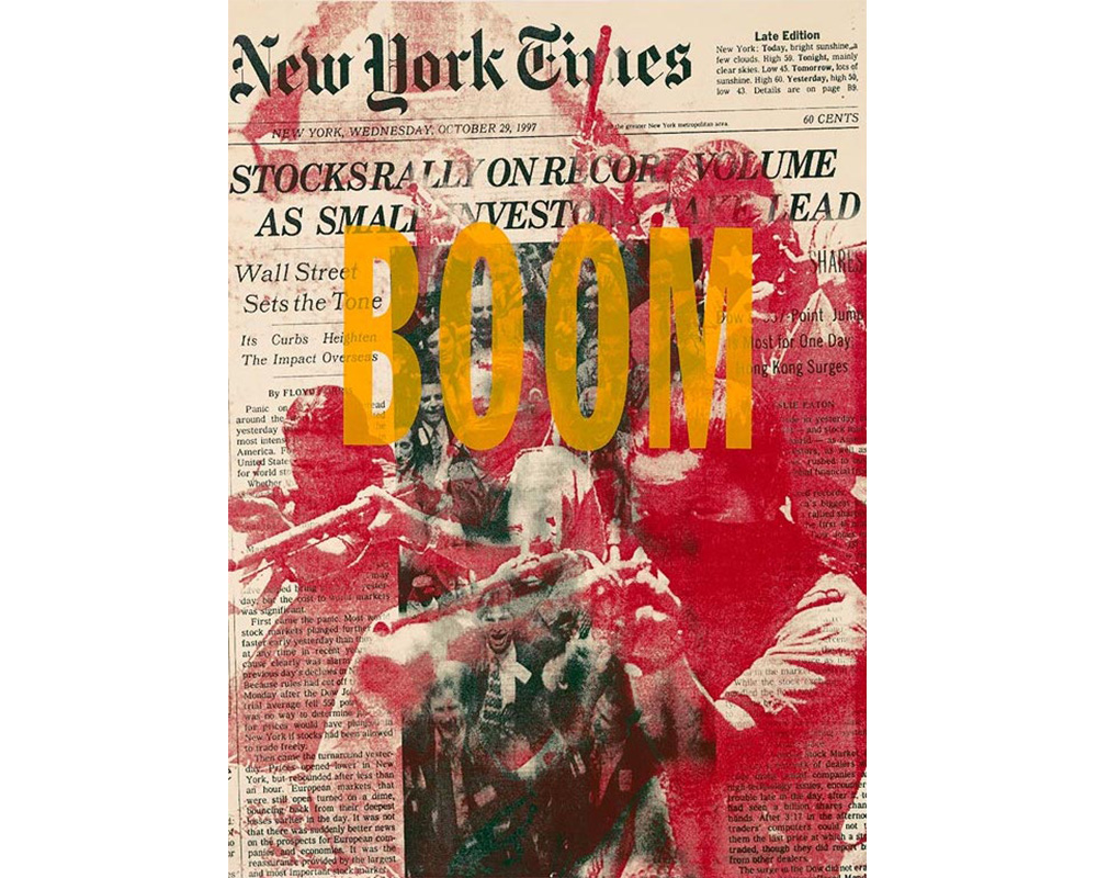 front page of New York Times for October 29, 1997 overlain with figures shooting guns printed in red and and BOOM in bright gold over them