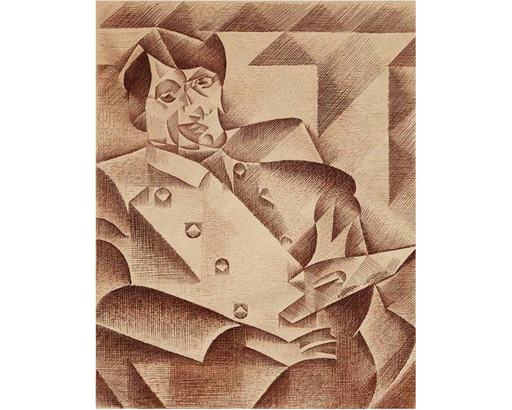 cubist portrait of a man in double breasted shirt one hand on lap, other holding palette seated against a broken-up wall