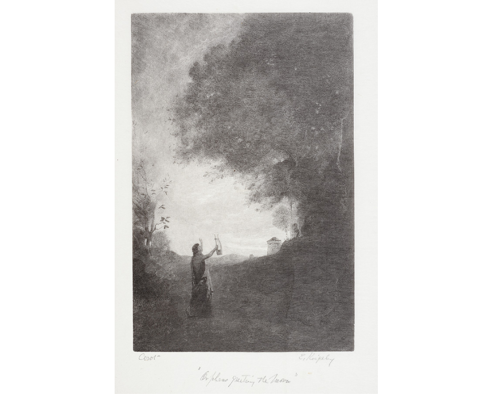 Landscape with clearing and robed figure holding harp, identified as Orpheus, standing staring up at the moon.