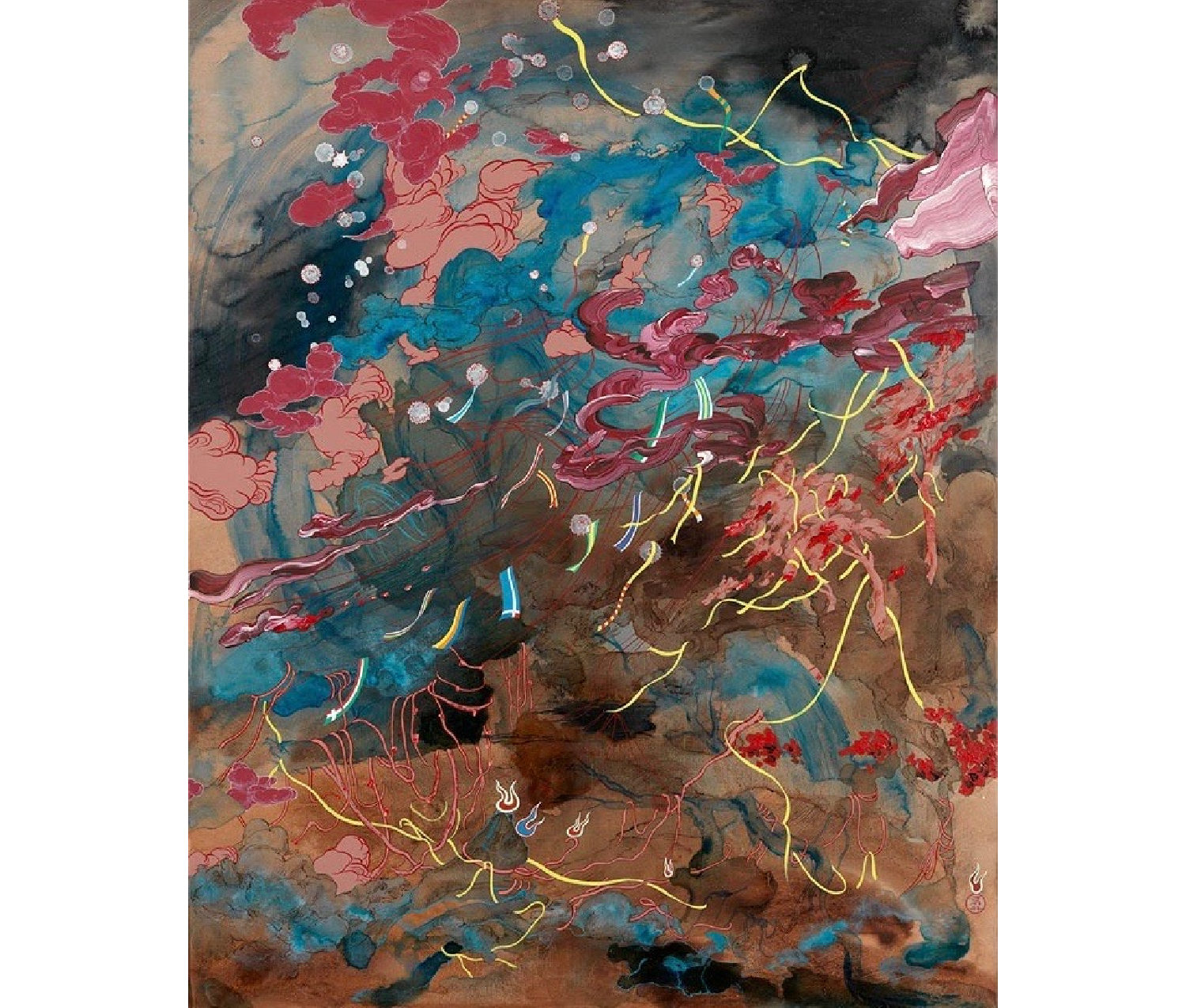 Abstract: brown, turquoise, red, pink clouds, yellow lines fragments.