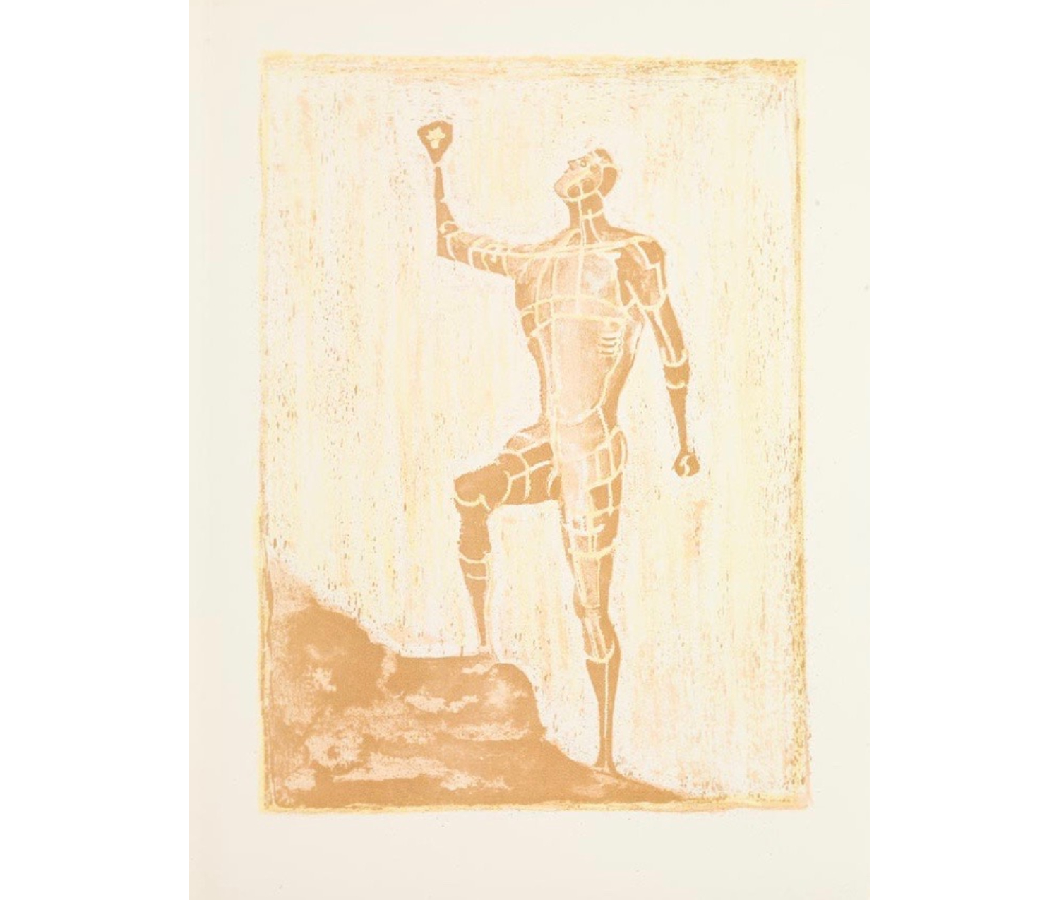 Prometheus stands with his hand to the sky, his foot on a boulder, looking upward. He stands on sloped ground and is rendered in yellow and gold.
