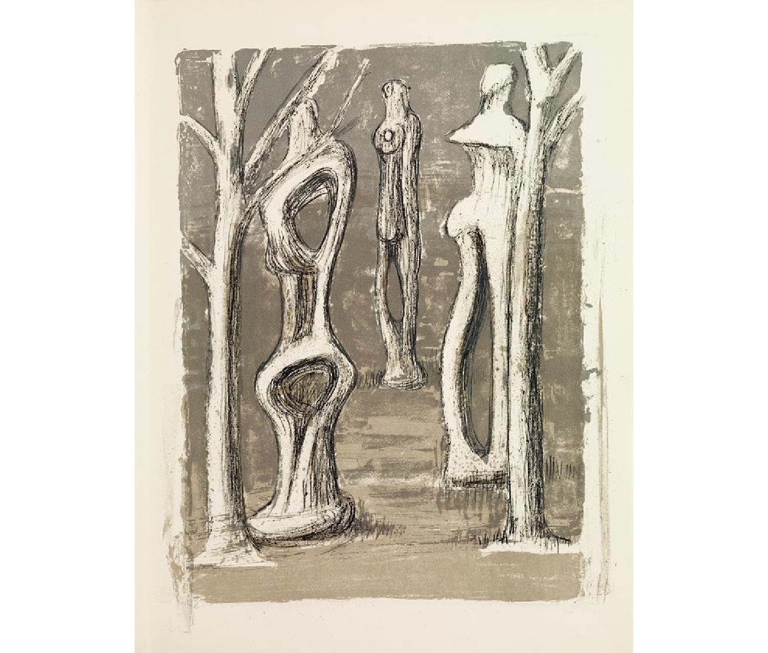 Three figures standing spaced between similarly tall and slender trees in shades of gray.