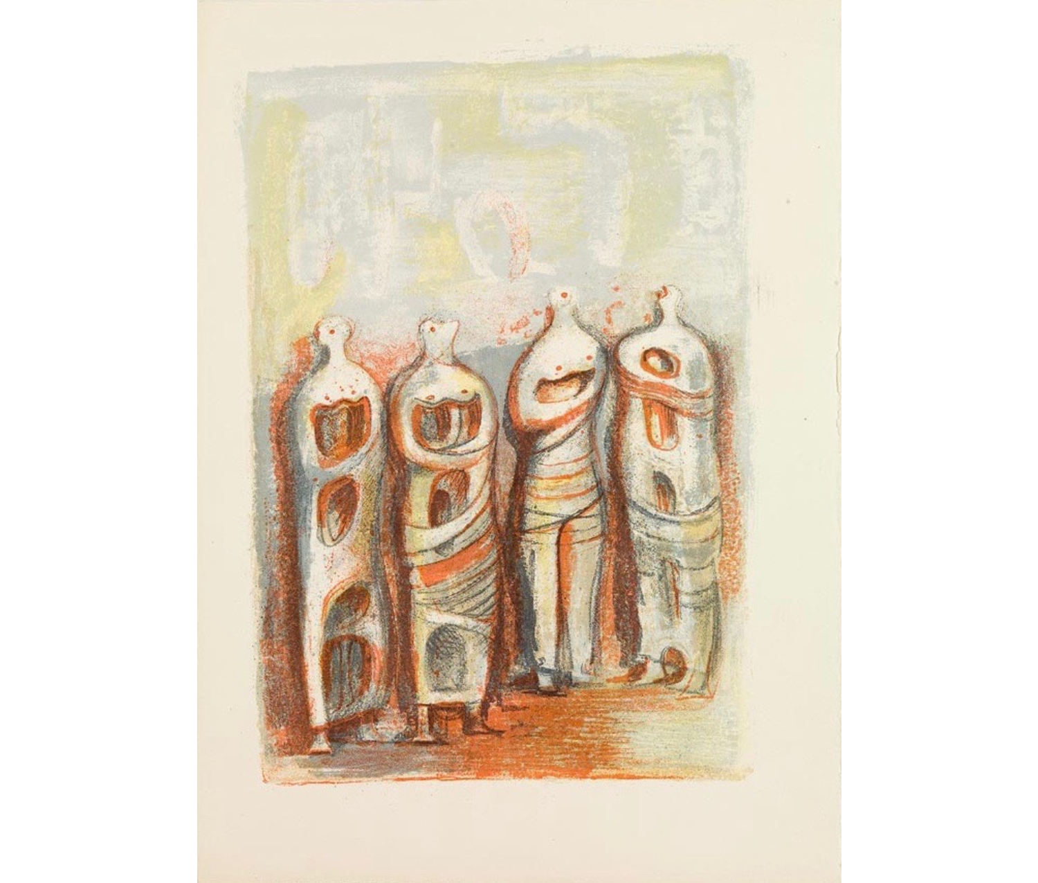 Four abstracted figures; they appear to be wrapped and have holes in their bodies; the figures are sea-foam green and orange; the background is cloudy light green, blue, and yellow.