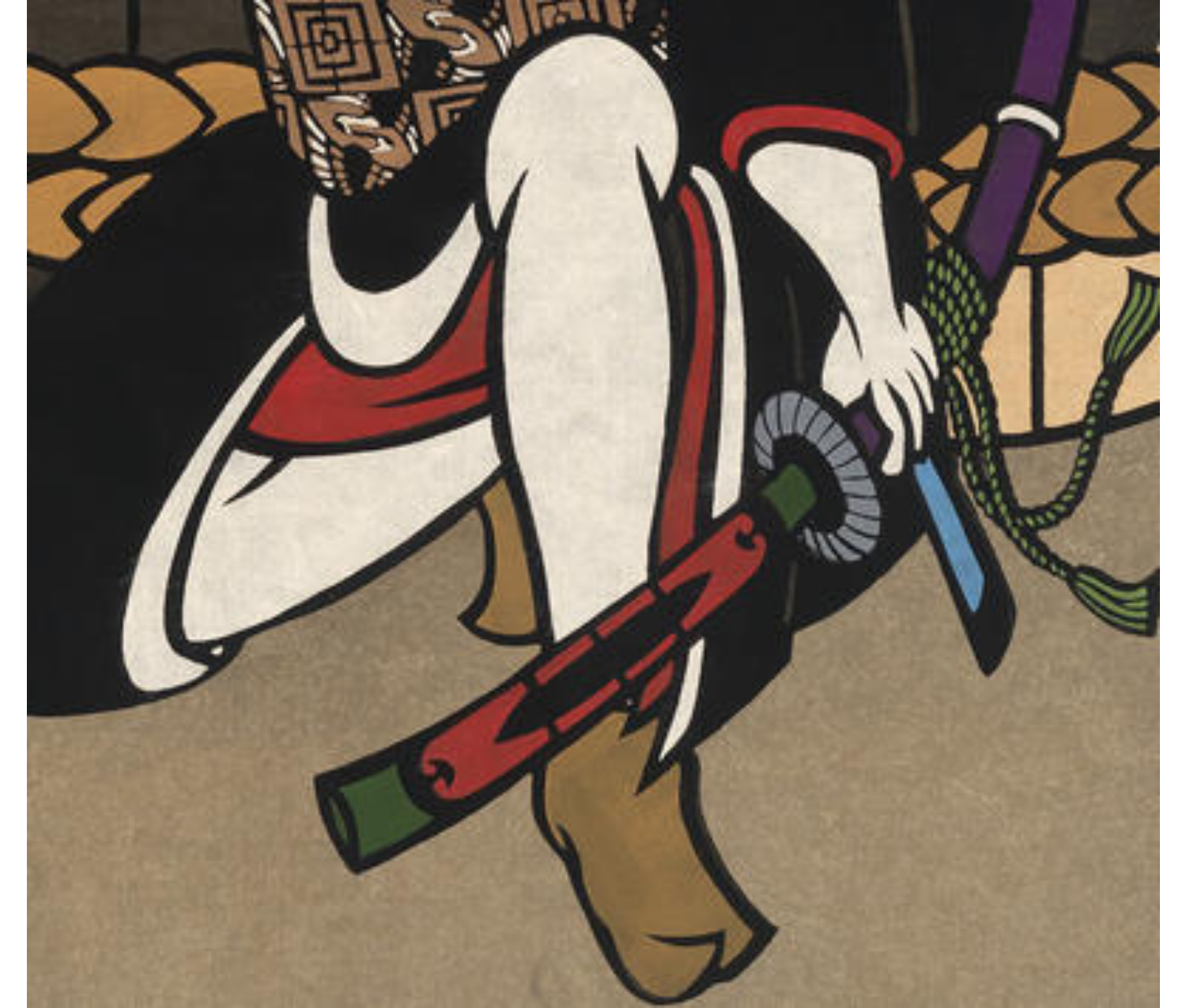 Detail of 'Taru': sword handle crossed over warrior's ankle. 