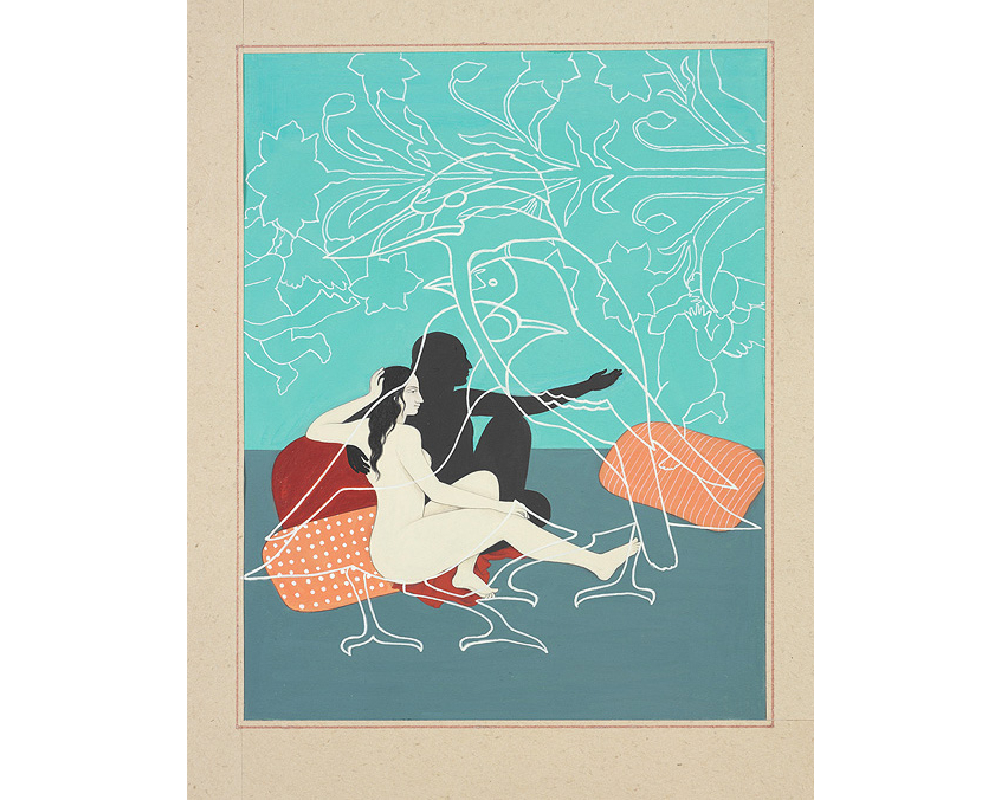 Man and woman seated; large bird traced over the image.