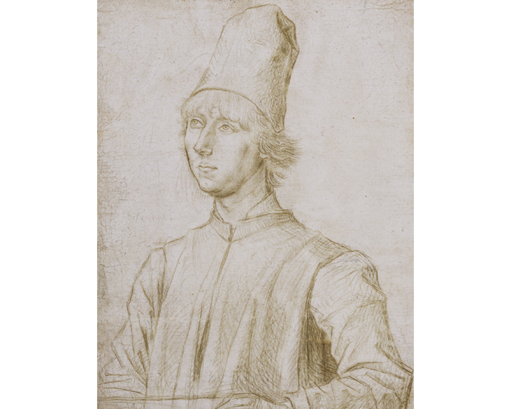 half length portrait of man in tall conical hat turned slightly toward his proper right, left hand partially visible at bottom edge of sheet
