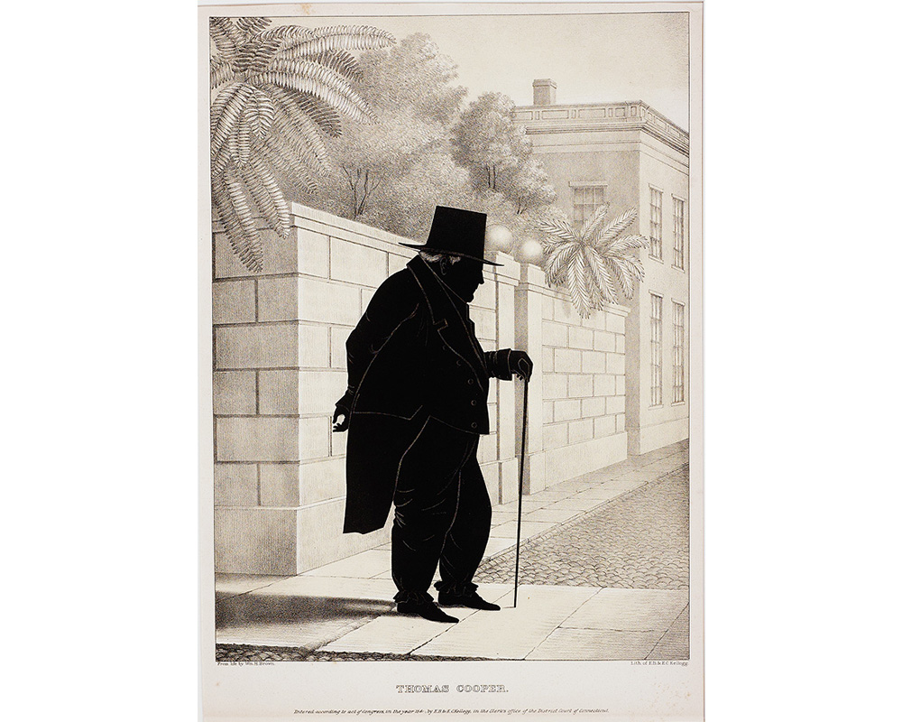 right profile full length silhouette portrait of a large man in black wearing a tailcoat and top hat, carrying a cane, and standing outdoors near a stone wall with building behind him