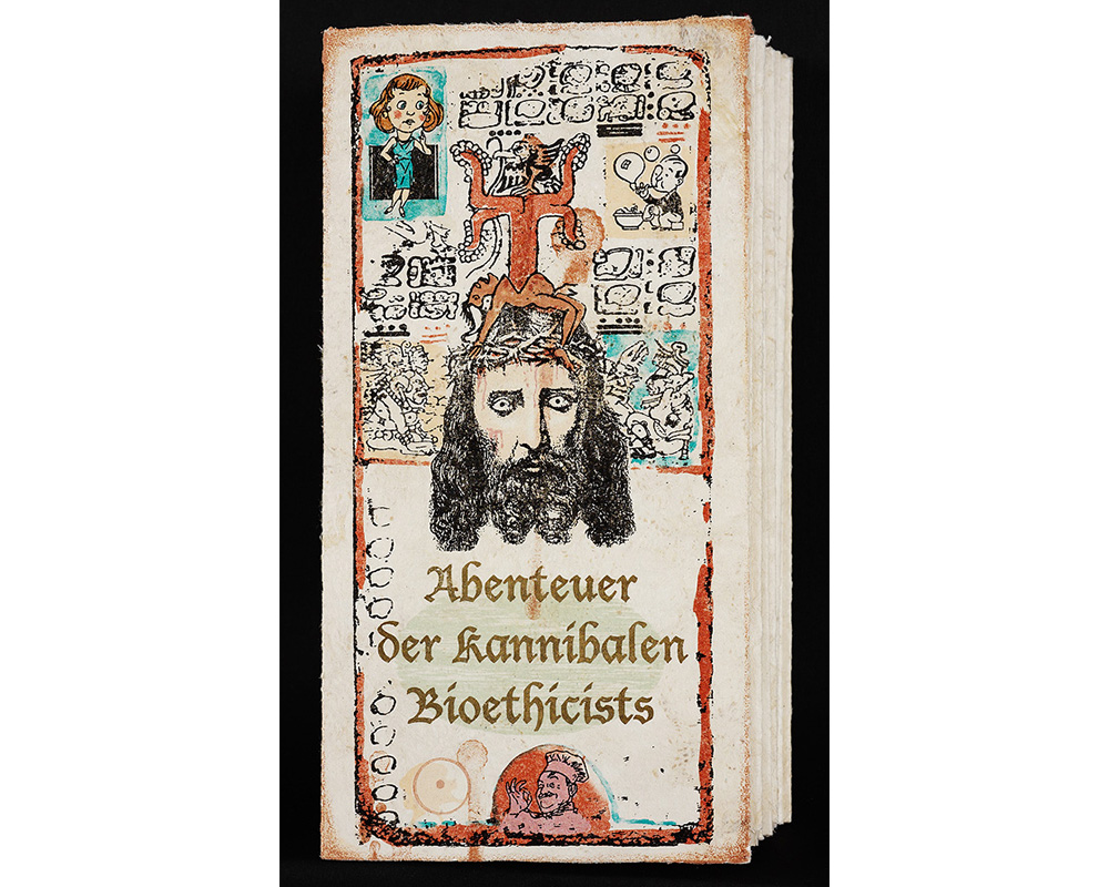image of a man in the center, with various drawings above his head and text below that reads, "Abenteuer Der Kannibalen Bioethicists"