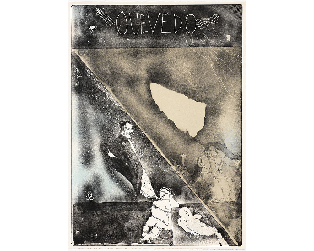 black and white faded print of various male figures; text across the top reads "QUEVEDO"