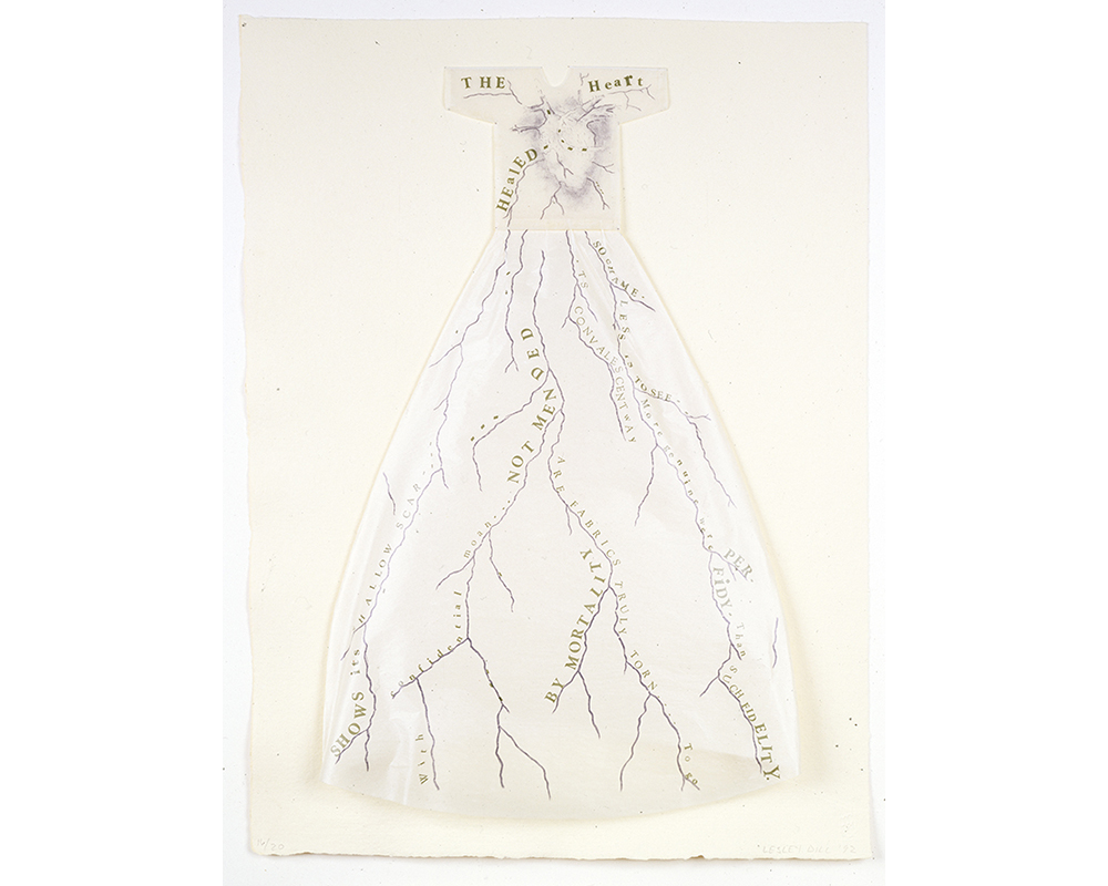 dress with short sleeves and long skirt, lithographed heart on bodice front, text on remaining dress, dress mounted on paper