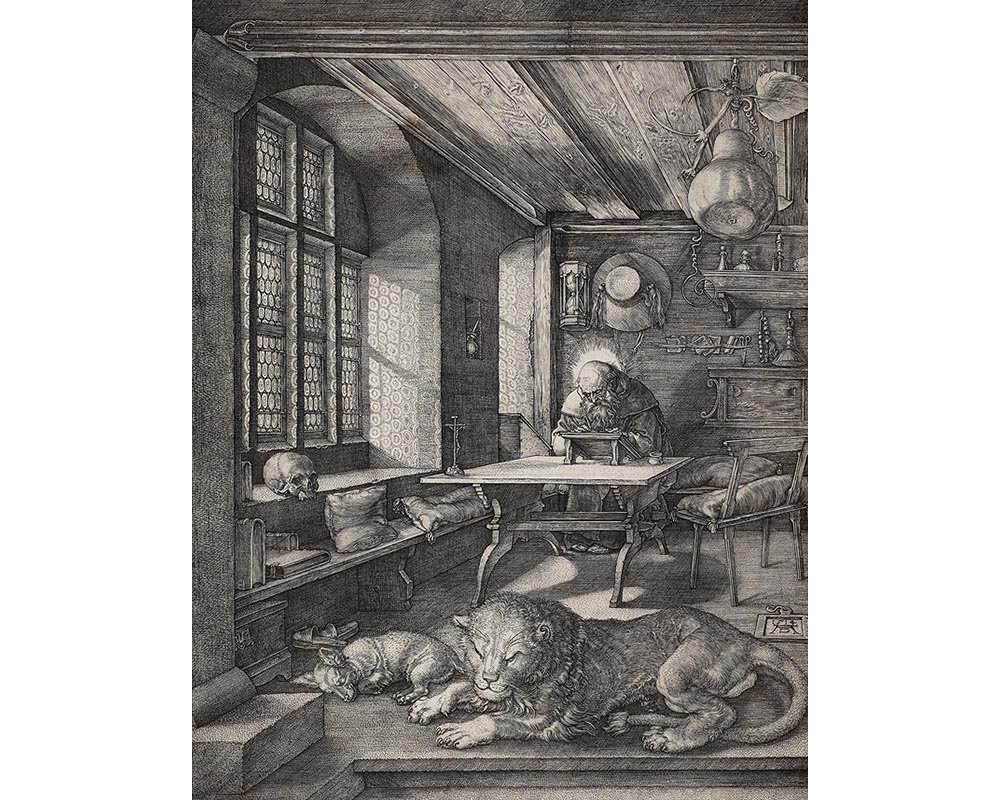man with halo at table writing in a book; figure of crucified Christ on corner of table, hour glass hanging on wall behind man; lion and dog sleeping in front of table; skull on window seat on left side of image