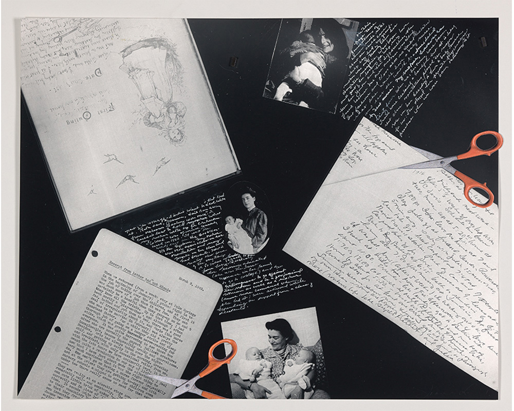 images of women and children interspersed with handwritten text in white, images of red scissors, and handwritten and typescript diary notes