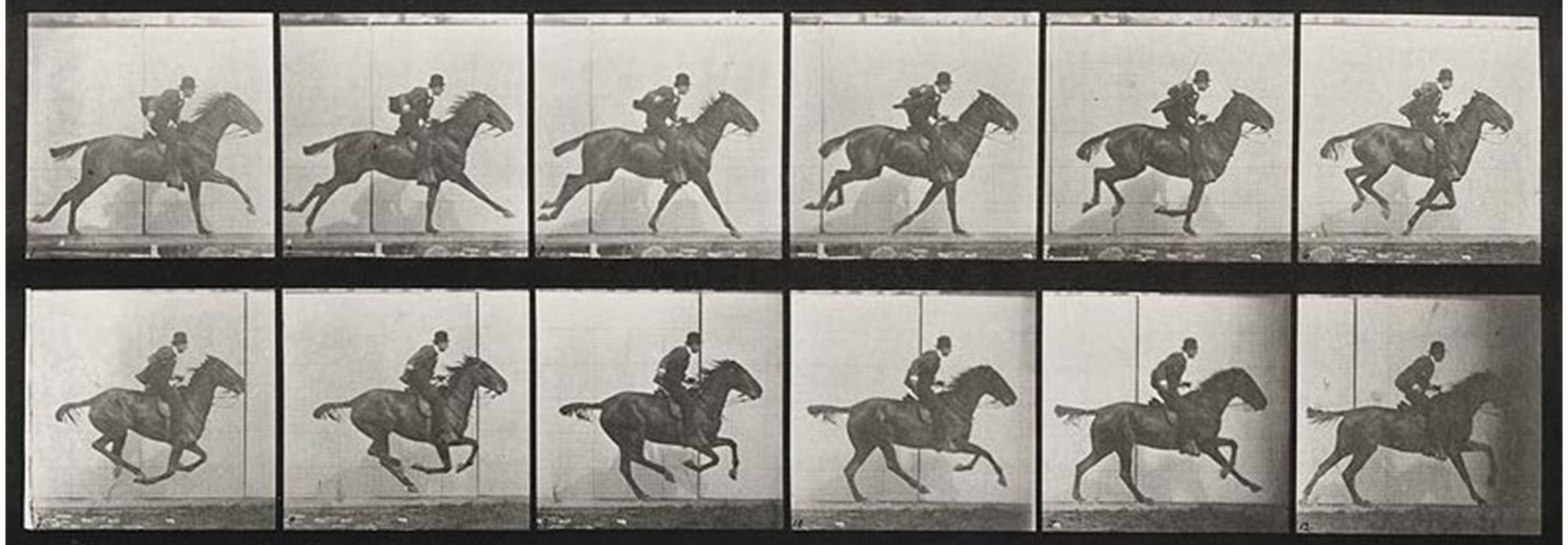 two rows of images of man riding horse; each image is at a slightly different stage in the horse's run