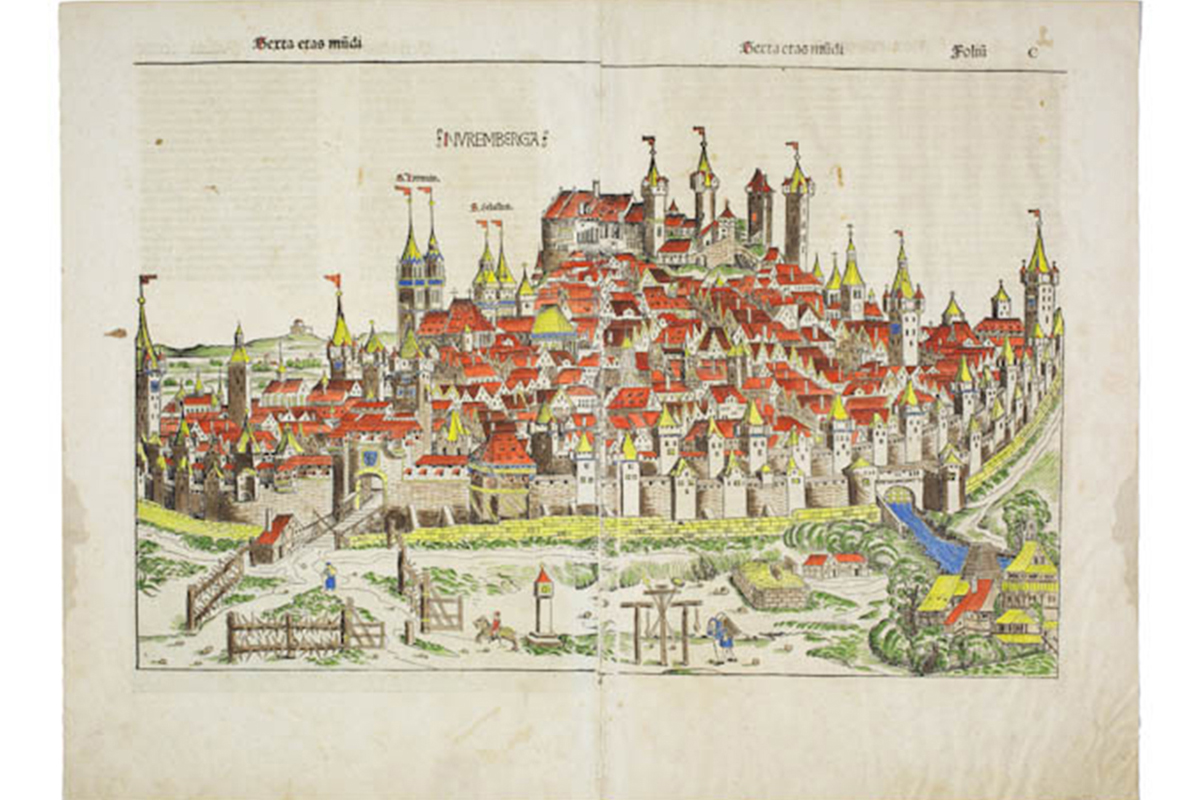 Double-page Leaf from the Liber Chronicarum (Nuremberg Chronicles). Recto: "Herta etas mudi" at top of both leaves; illustration of an old town; Verso: text with half-page illustration of an old town.