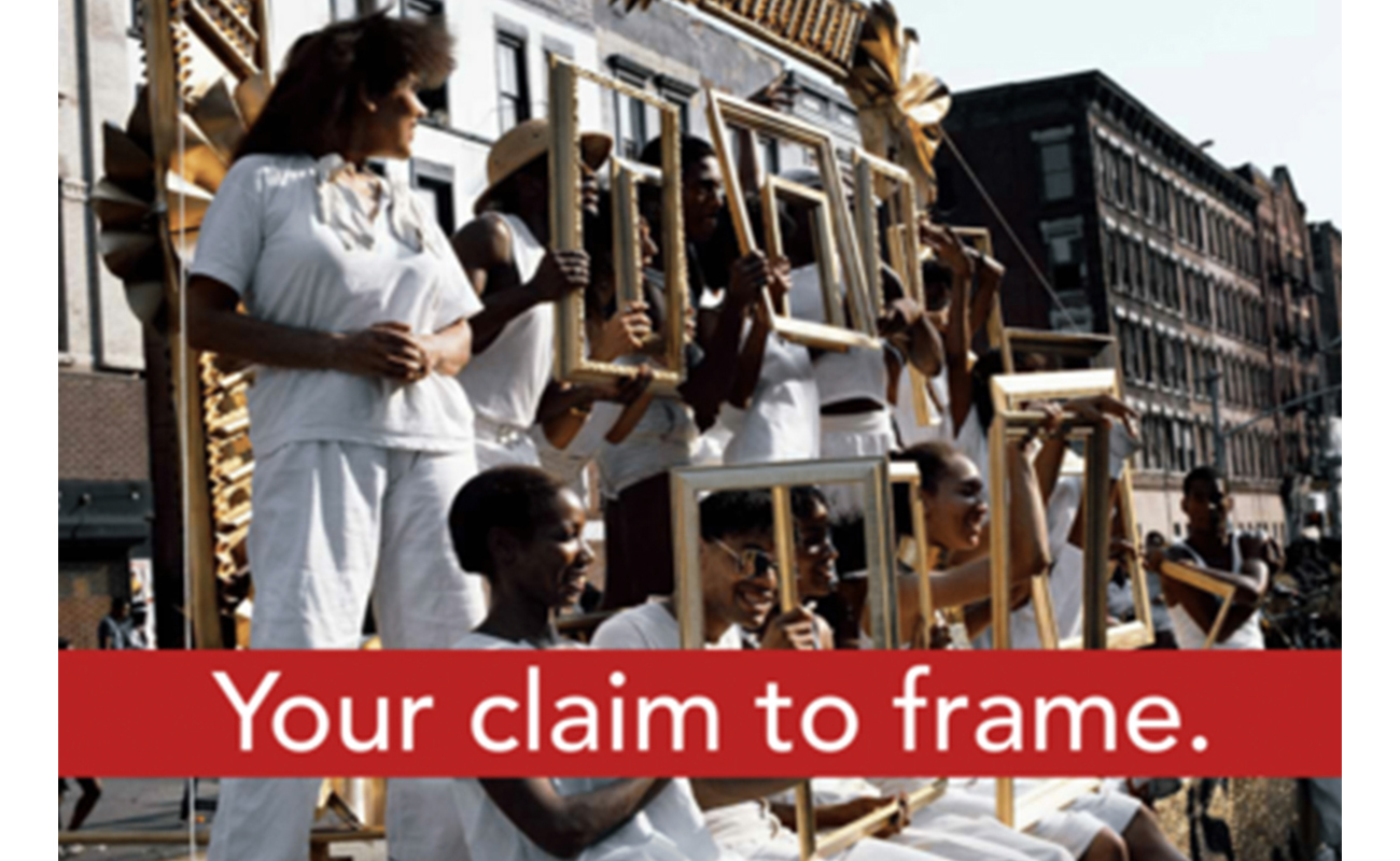 African-American men and women dressed in white sit on a float holding gold picture frames; red banner across the bottom of the image, with white text that says "Your claim to frame"
