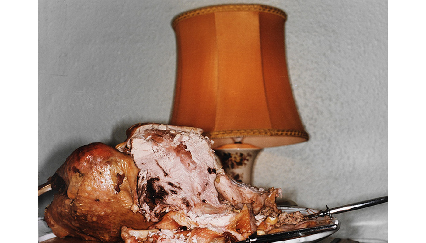 cooked carved turkey on a platter and lamp near wall