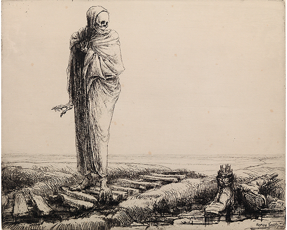 skeleton wearing cloak stands in a desolate landscape, admiring a pair of soldier's boots with protruding bone shards