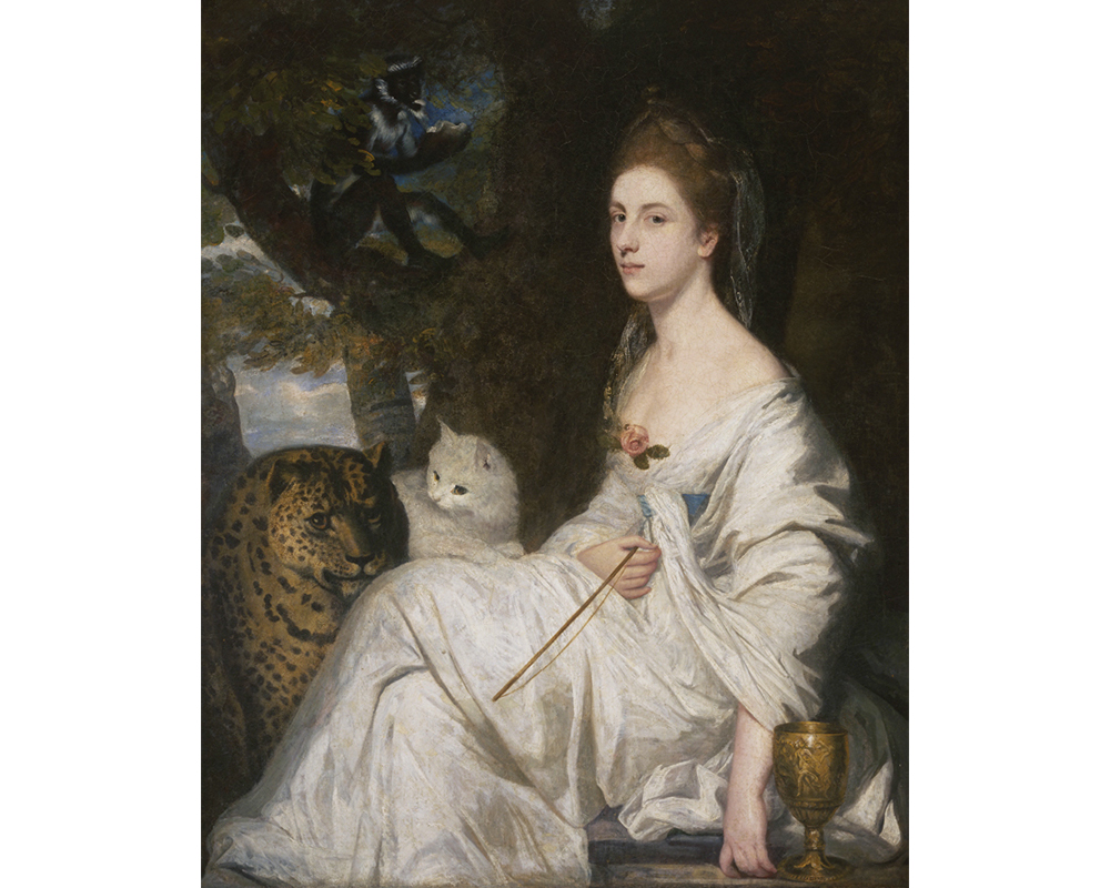 portrait of a woman wearing a white dress, sitting under treetops with a lion and a kitten near her lap
