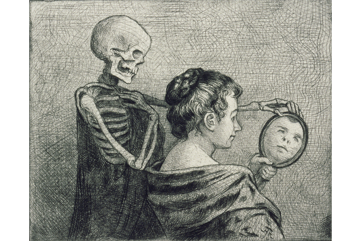 woman looking into hand mirror with skeleton behind her